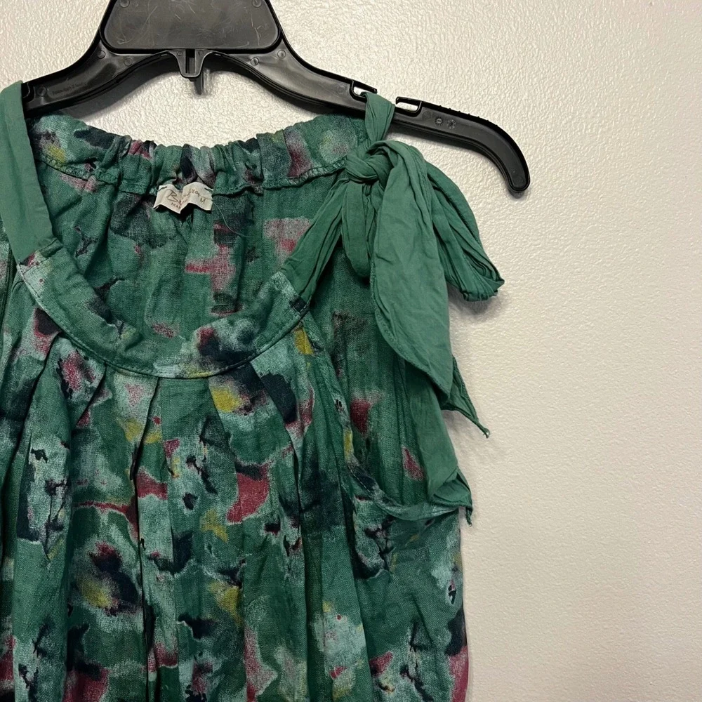 Belambra Italy 100% Linen Green Watercolor Floral Tie Shoulder Shift Dress‎ M